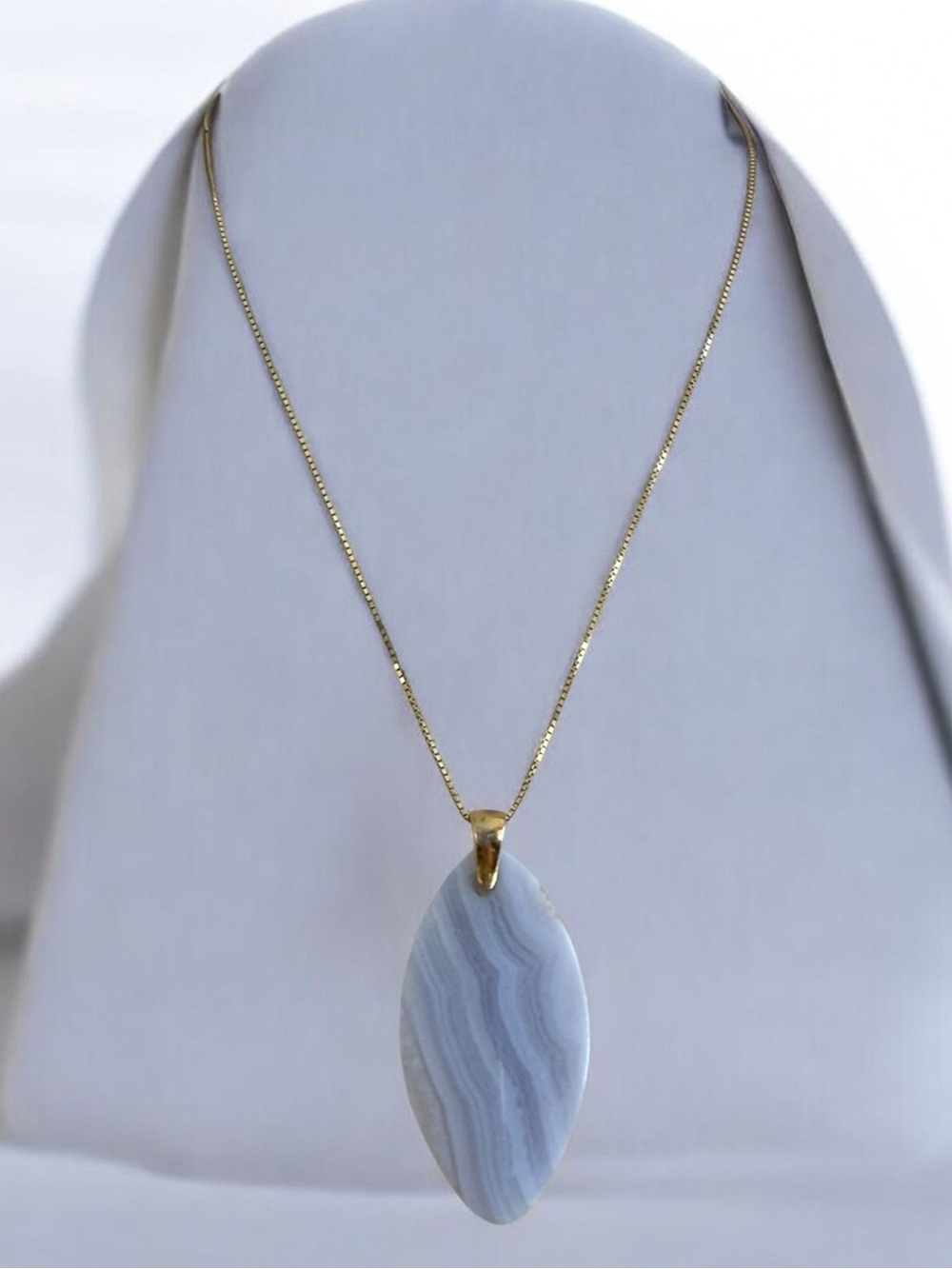 Blue Lace Agate Gold Plated Solid Sterling Silver Pendant Necklace and Chain